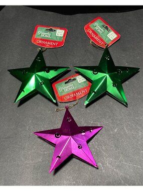December Home Metal Star Christmas Star Ornaments Set Of 3 Green & Purple